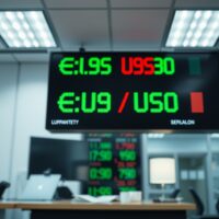 Digital trading board showing EUR/USD exchange rate in a financial newsroom