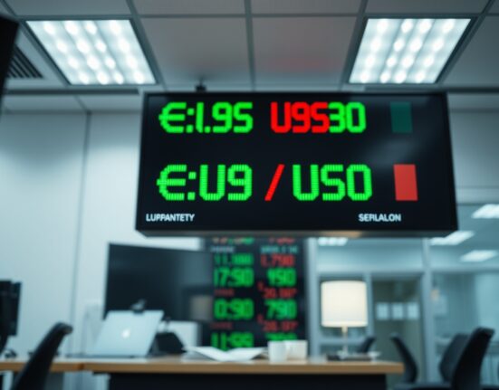 Digital trading board showing EUR/USD exchange rate in a financial newsroom