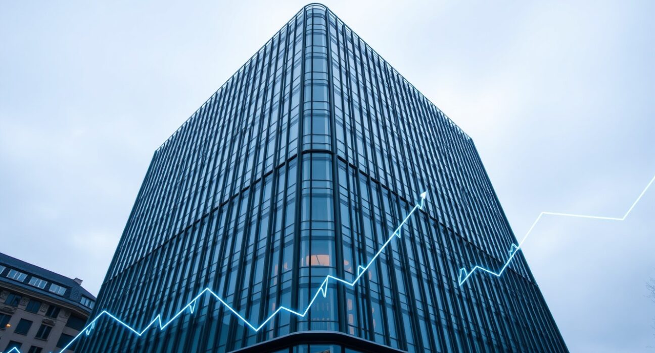 European Central Bank headquarters in Frankfurt with digital data streams and upward trend lines representing AI investment and euro strength.