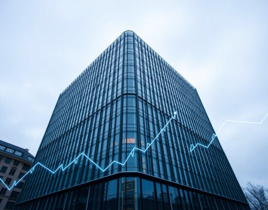 European Central Bank headquarters in Frankfurt with digital data streams and upward trend lines representing AI investment and euro strength.