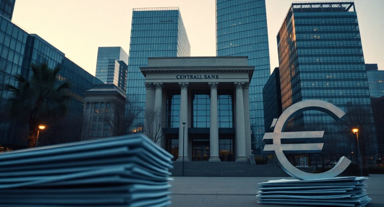 European Central Bank headquarters in Frankfurt with euro currency symbolism, representing sovereign bond issuance support for the euro.