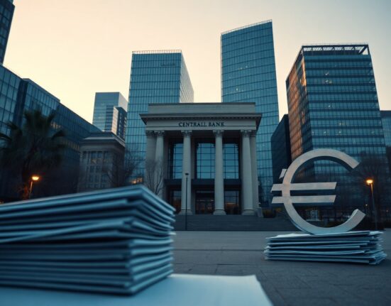 European Central Bank headquarters in Frankfurt with euro currency symbolism, representing sovereign bond issuance support for the euro.