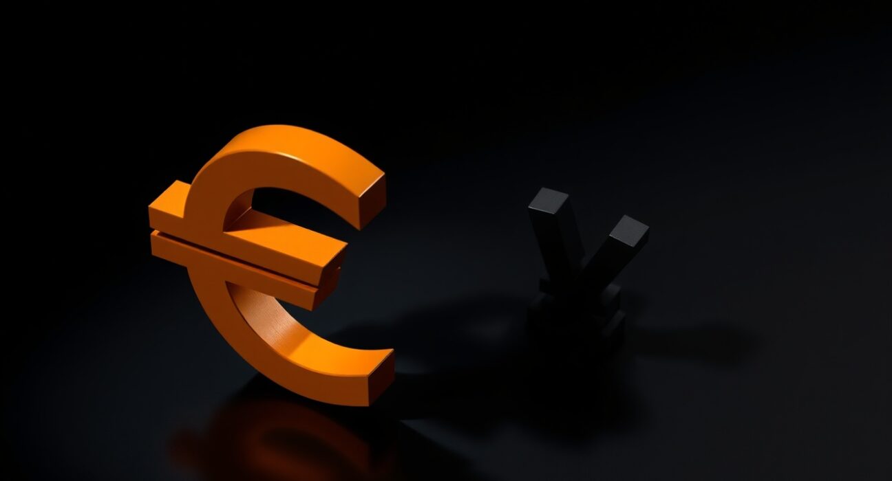 Euro symbol dominating a smaller Japanese yen symbol on a dark reflective surface.