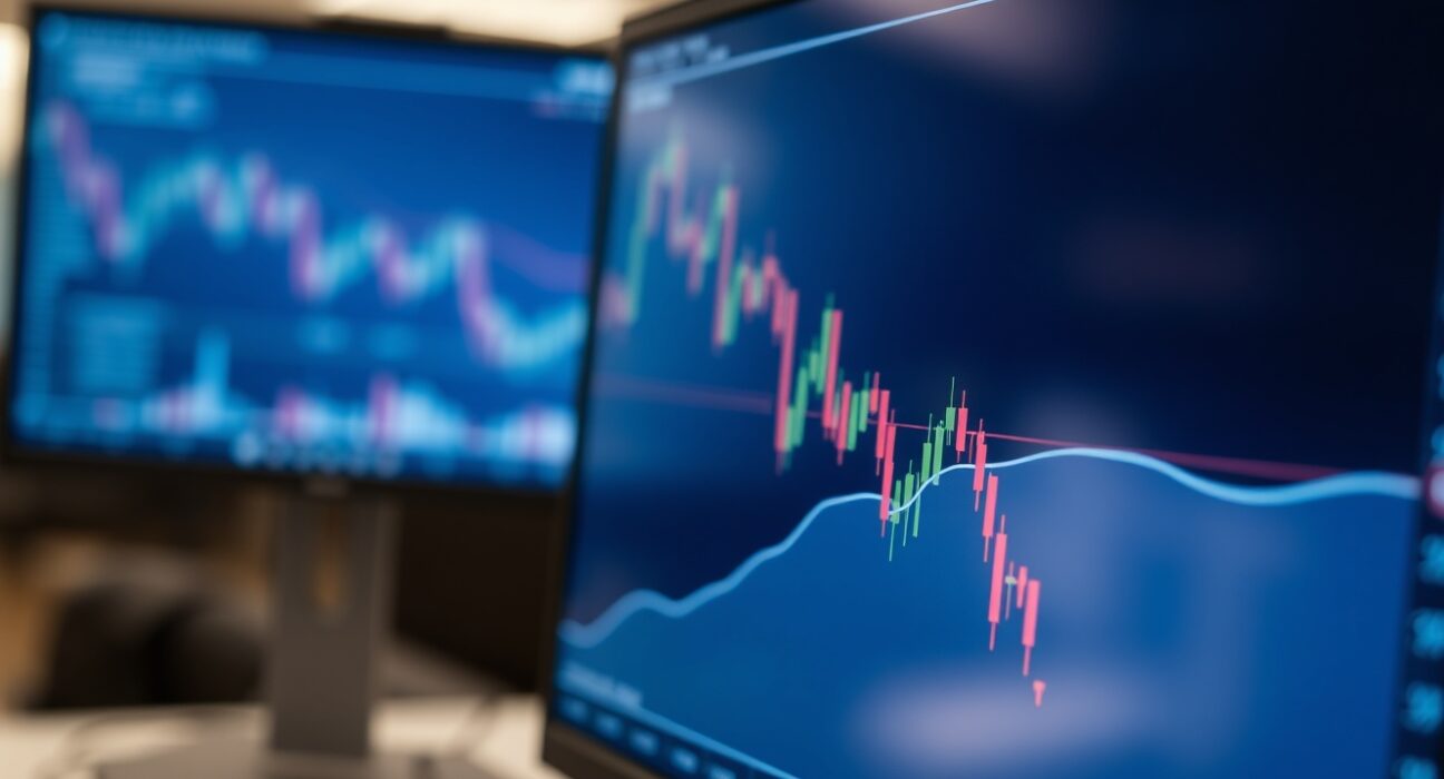EUR/USD currency chart with technical analysis indicators on a financial screen