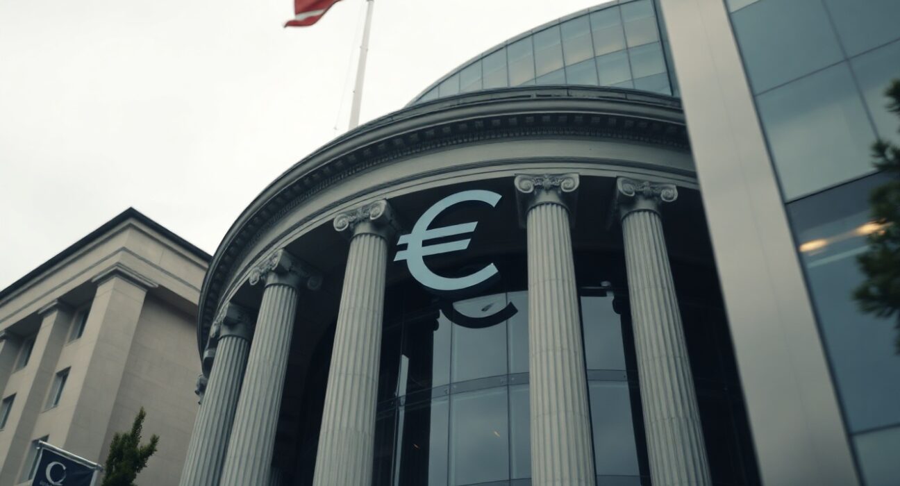 European Central Bank building in Frankfurt with Euro and Dollar currency reflection