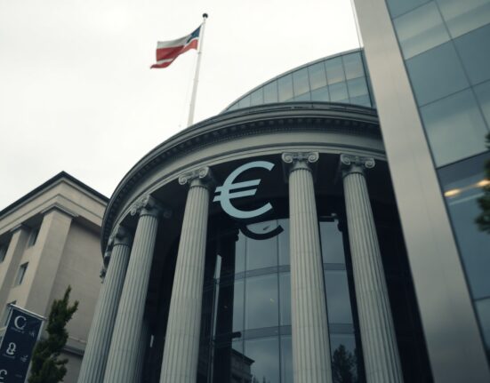 European Central Bank building in Frankfurt with Euro and Dollar currency reflection