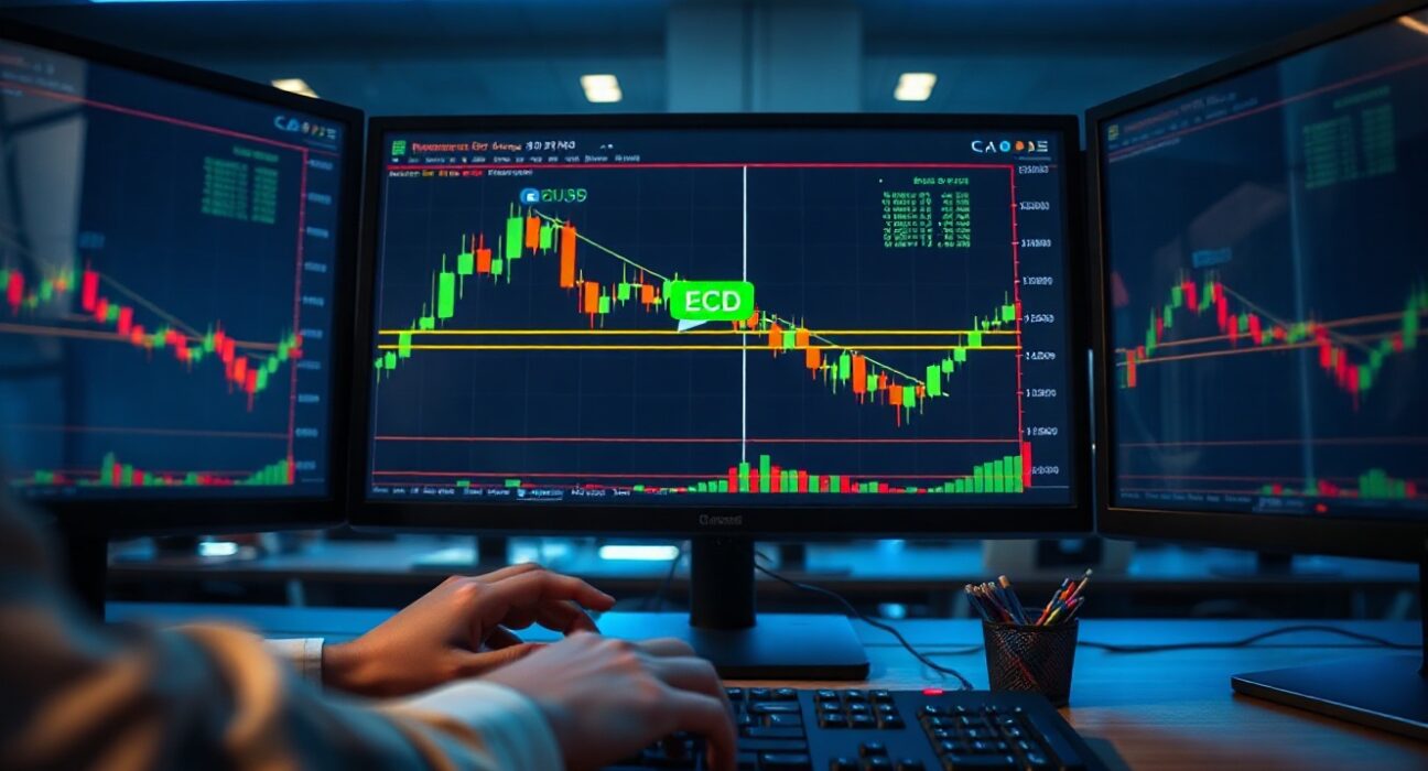 EUR/USD chart on trading monitors with ECB flag icon near support level