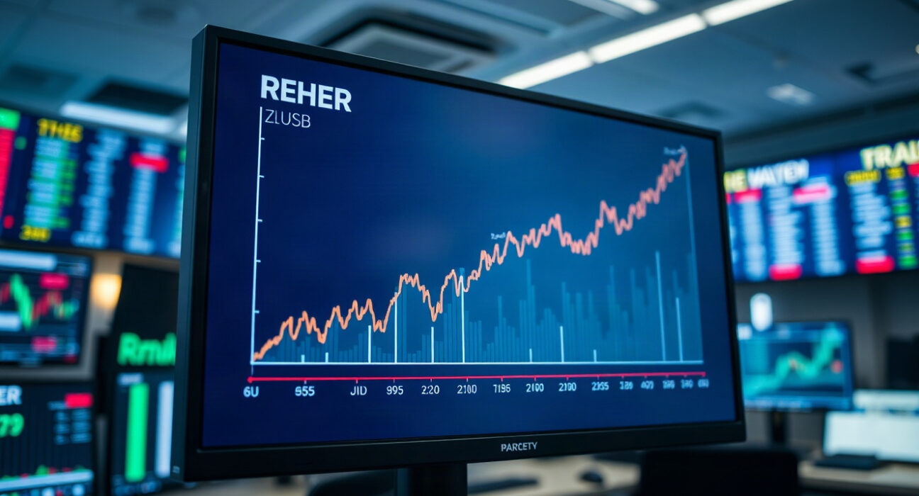 EUR/USD chart showing upward trend on a trading screen in a financial office