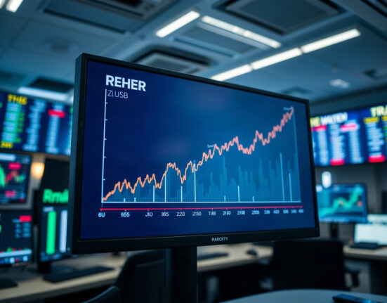 EUR/USD chart showing upward trend on a trading screen in a financial office