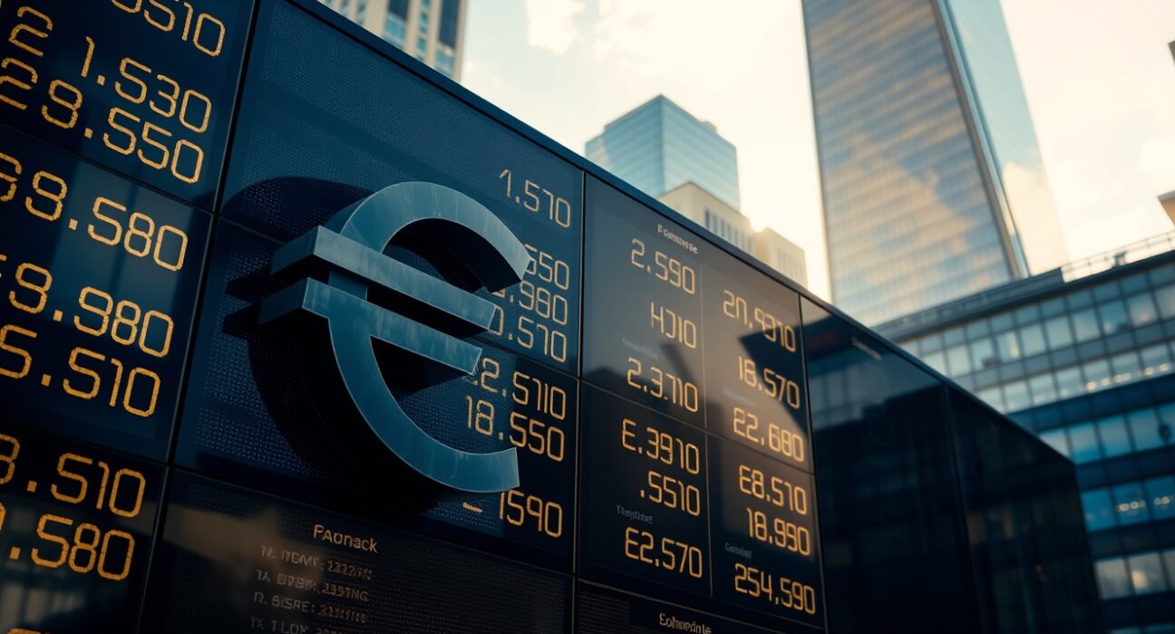 Currency exchange board showing euro and British pound symbols in a financial district