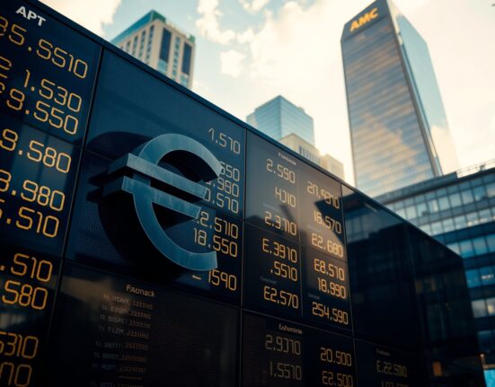 Currency exchange board showing euro and British pound symbols in a financial district
