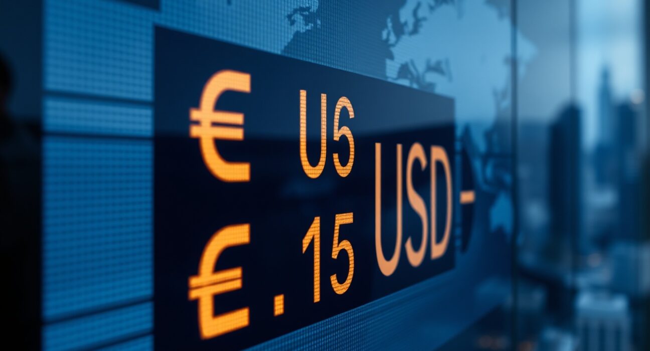 Digital trading screen showing EUR/USD exchange rate with blurred financial district background