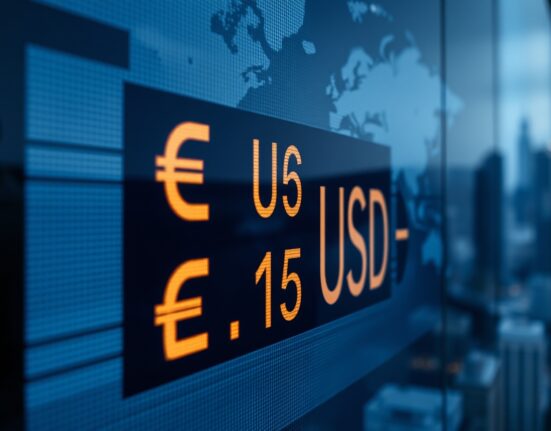 Digital trading screen showing EUR/USD exchange rate with blurred financial district background