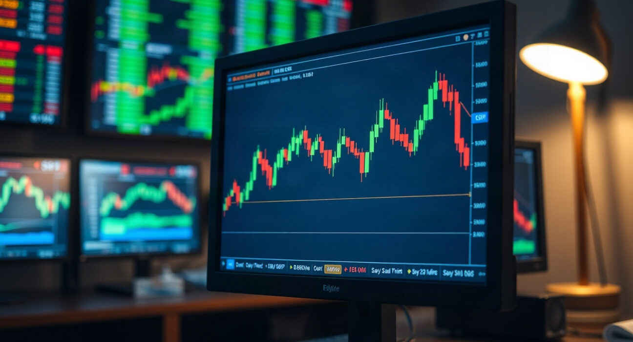 Euro to pound exchange rate chart on a trading screen with candlesticks showing market movement