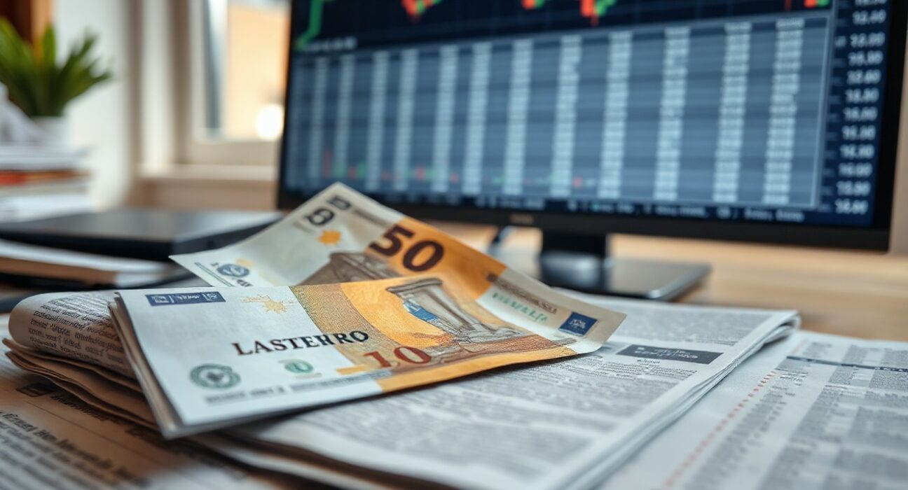 Euro and US dollar banknotes on financial charts with trading screen in background