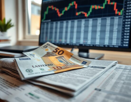 Euro and US dollar banknotes on financial charts with trading screen in background