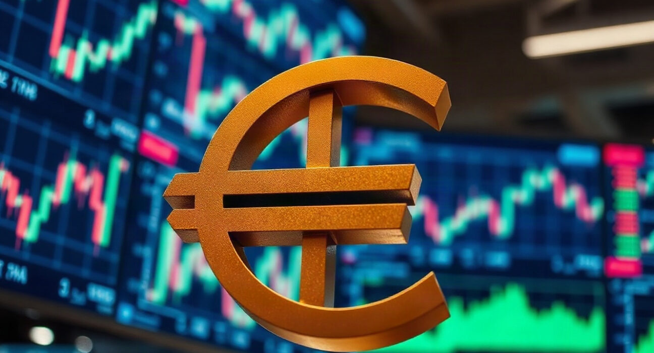 Euro symbol on a financial market display in a trading floor, with charts in background