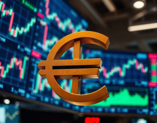 Euro symbol on a financial market display in a trading floor, with charts in background