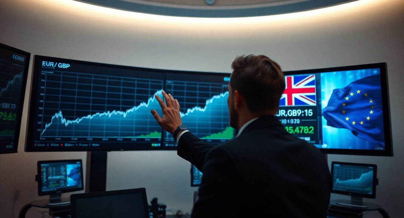 Financial trader monitoring EUR/GBP exchange rate charts on multiple screens in a modern trading floor.