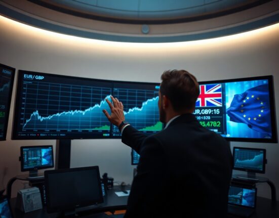 Financial trader monitoring EUR/GBP exchange rate charts on multiple screens in a modern trading floor.