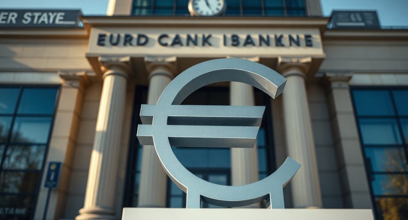 Euro currency symbol near the European Central Bank building in Frankfurt