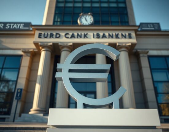 Euro currency symbol near the European Central Bank building in Frankfurt