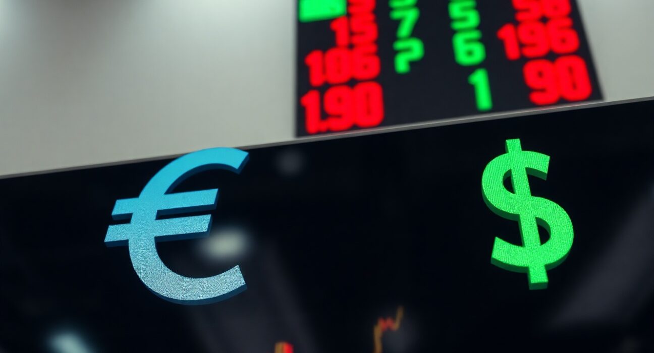 Euro and US Dollar symbols on a trading screen with market indicators showing the Euro at a two-month low.