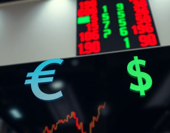 Euro and US Dollar symbols on a trading screen with market indicators showing the Euro at a two-month low.
