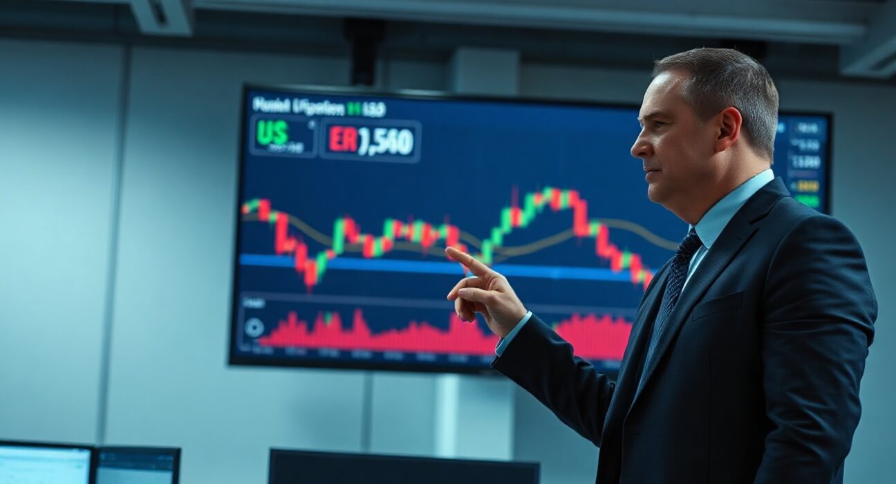 Forex analyst pointing at EUR/USD chart showing decline to two-month low