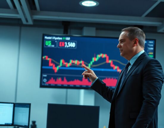 Forex analyst pointing at EUR/USD chart showing decline to two-month low