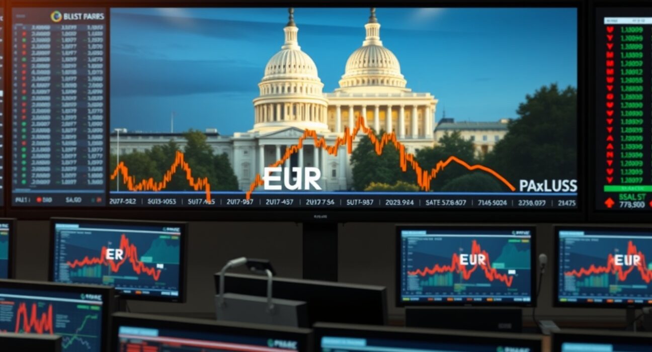 EUR/USD chart showing decline on trading floor monitors with US Capitol and ECB headquarters in background