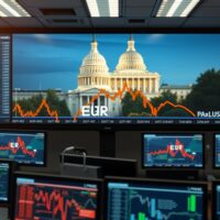EUR/USD chart showing decline on trading floor monitors with US Capitol and ECB headquarters in background