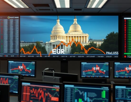 EUR/USD chart showing decline on trading floor monitors with US Capitol and ECB headquarters in background