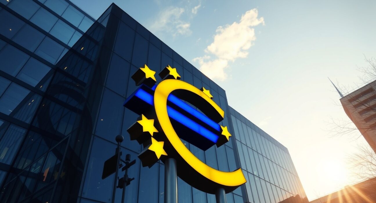 European Central Bank building with glowing euro symbol at golden hour, representing currency strength amid geopolitical developments