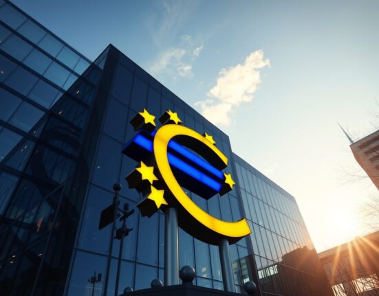 European Central Bank building with glowing euro symbol at golden hour, representing currency strength amid geopolitical developments