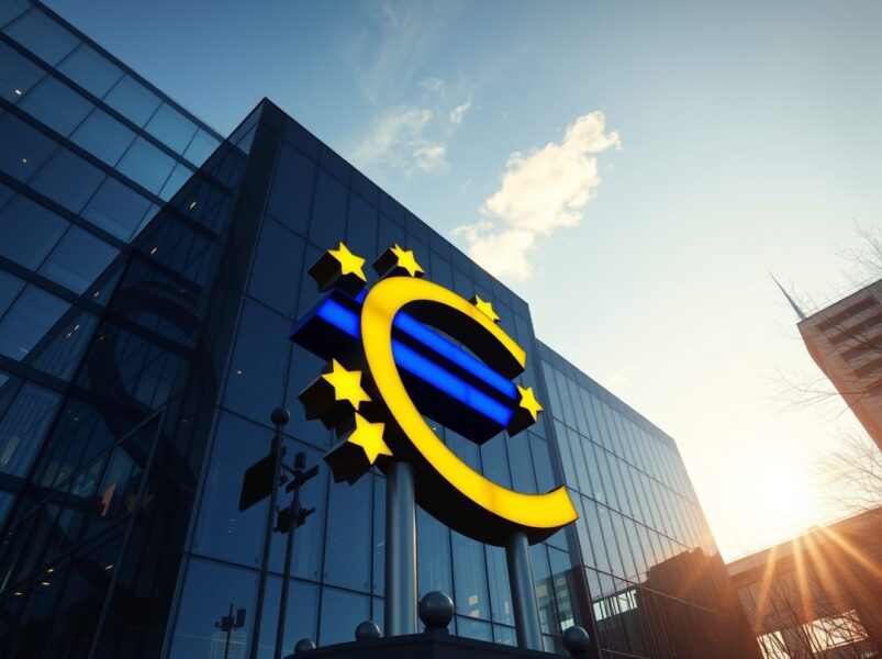 European Central Bank building with glowing euro symbol at golden hour, representing currency strength amid geopolitical developments