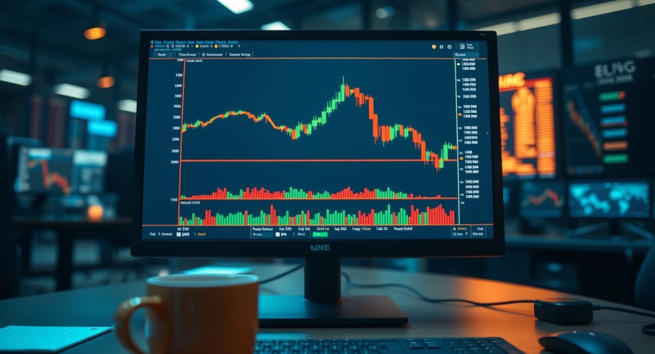 EUR/USD currency chart showing a downward trend on a trading floor monitor