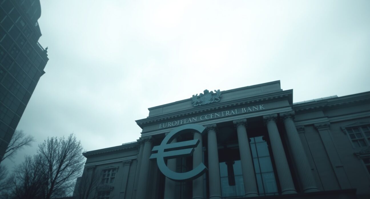 European Central Bank headquarters in Frankfurt on a cloudy day with euro symbol reflection