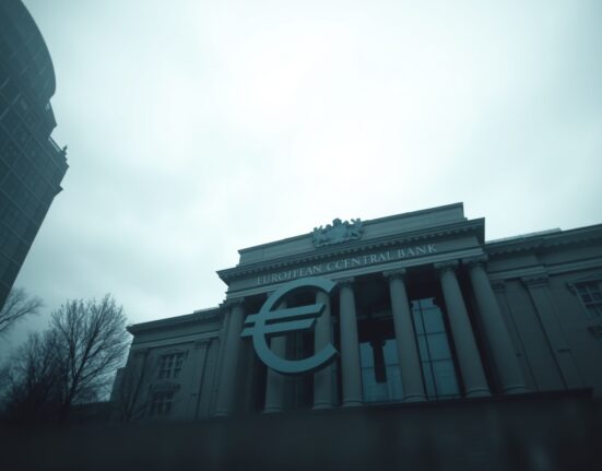 European Central Bank headquarters in Frankfurt on a cloudy day with euro symbol reflection