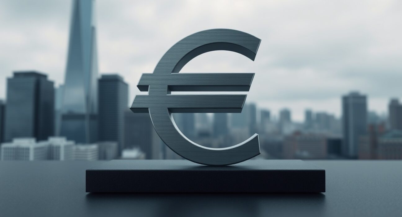 Euro currency symbol on a dark surface with a blurred financial district background, representing currency market uncertainty.