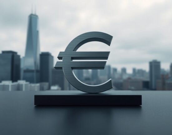 Euro currency symbol on a dark surface with a blurred financial district background, representing currency market uncertainty.