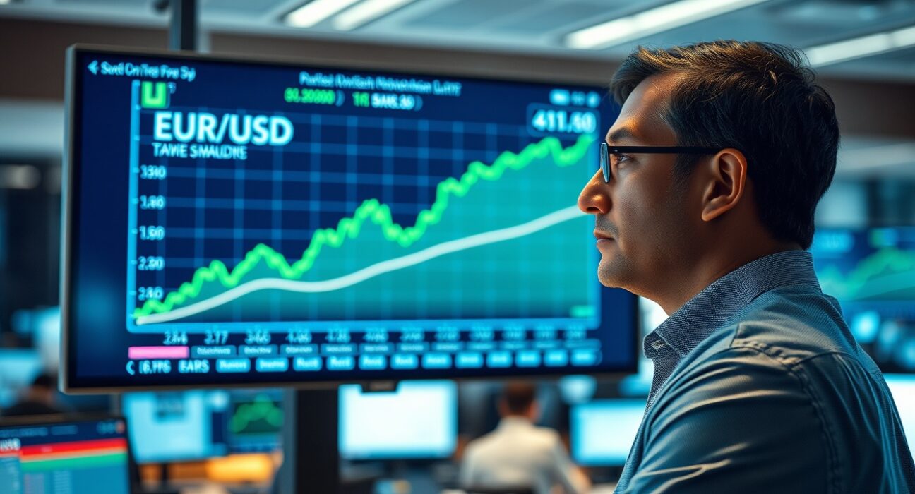 Financial analyst reviewing EUR/USD chart with upward trend on trading floor screen