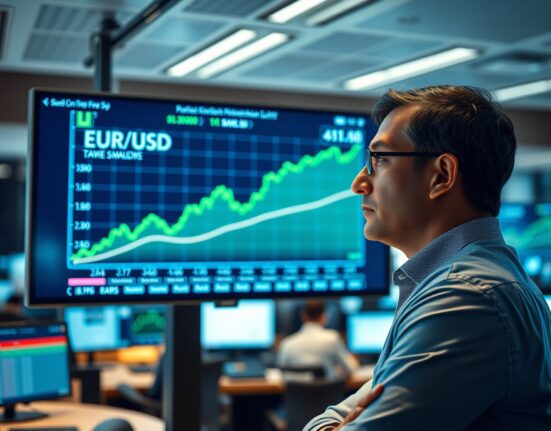 Financial analyst reviewing EUR/USD chart with upward trend on trading floor screen
