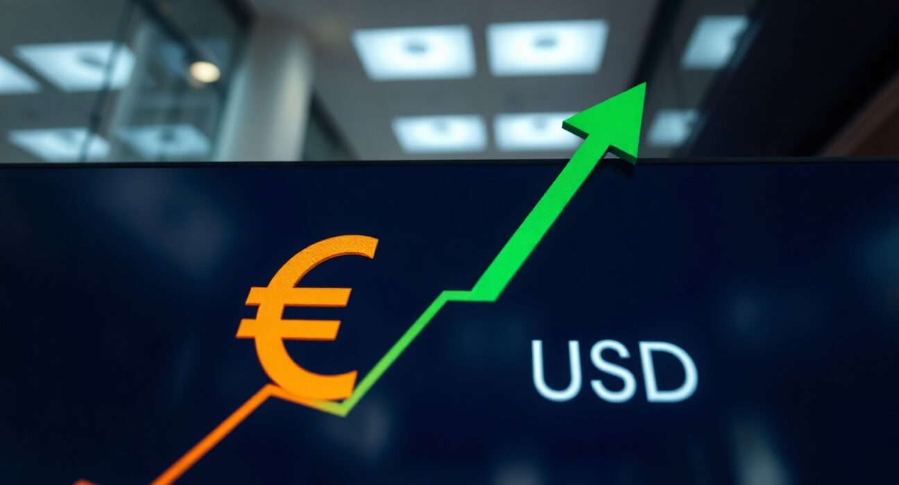 Euro vs US Dollar exchange rate chart with upward trend on trading screen