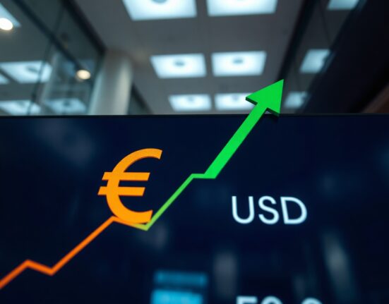 Euro vs US Dollar exchange rate chart with upward trend on trading screen