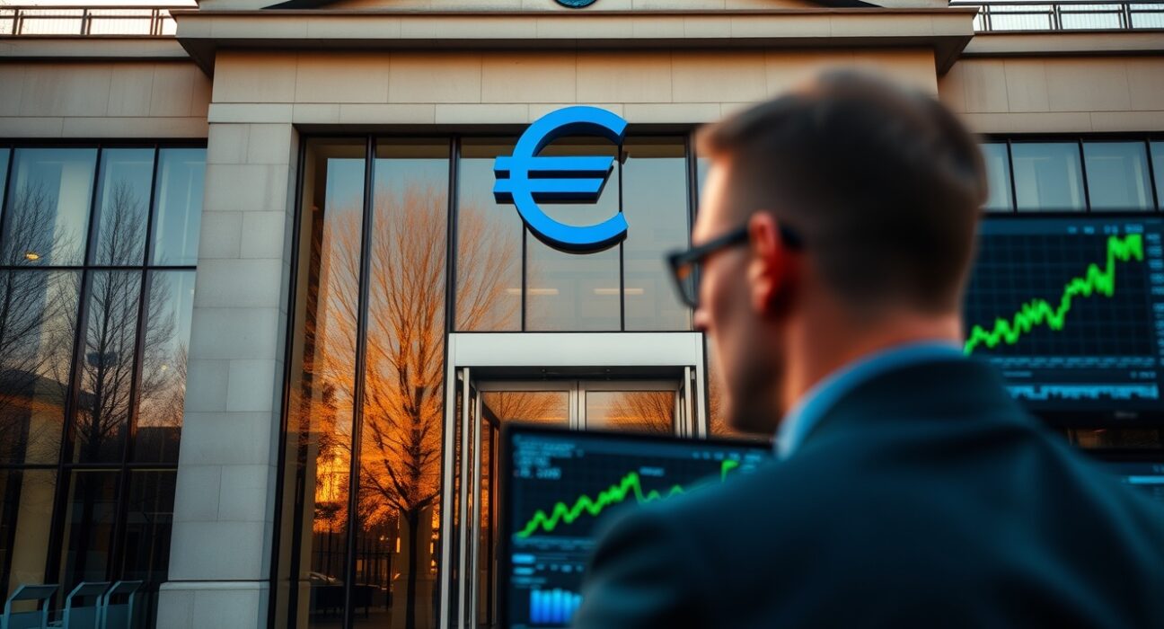 European Central Bank building in Frankfurt with a trader analyzing EUR/USD charts showing an upward trend