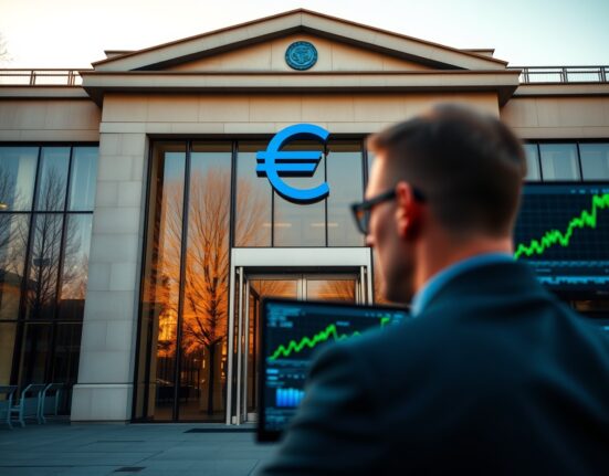 European Central Bank building in Frankfurt with a trader analyzing EUR/USD charts showing an upward trend