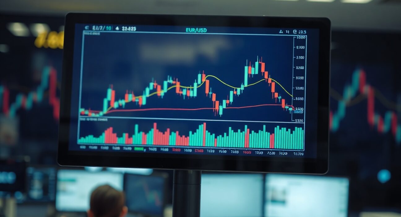 EUR/USD currency chart on a trading screen with resistance level highlighted