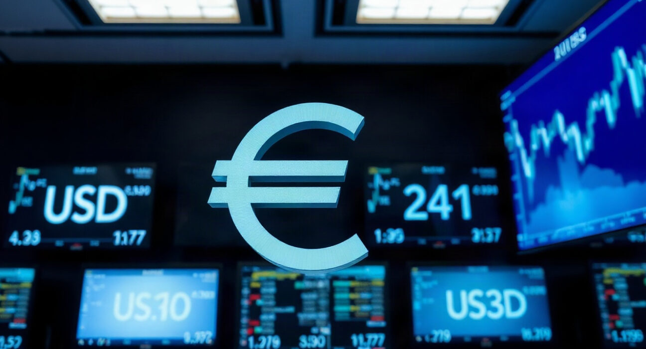EUR/USD exchange rate chart on a trading screen with euro and dollar symbols