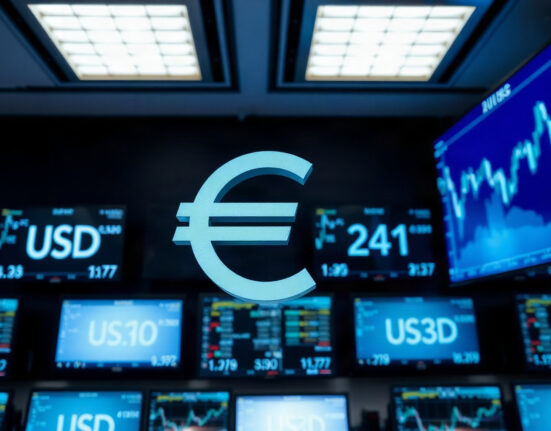 EUR/USD exchange rate chart on a trading screen with euro and dollar symbols